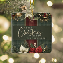 Burgundy Plaid Poinsettia Family Name Christmas