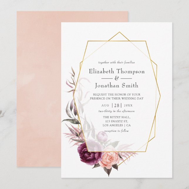Burgundy Plum and Blush Floral Geometric Wedding Invitation (Front/Back)