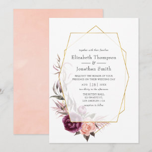 Burgundy Plum and Blush Floral Geometric Wedding Invitation