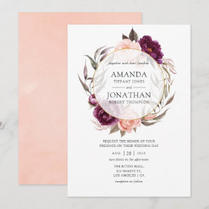 Burgundy Plum and Blush Floral Geometric Wedding Invitation