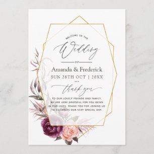 Burgundy Plum and Blush Floral Geometric Wedding Programme
