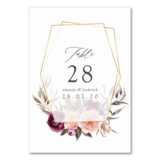 Burgundy Plum and Blush Floral Geometric Wedding Table Number (Front)