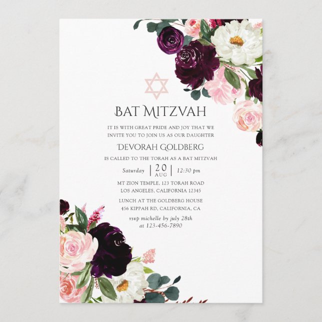 Burgundy Plum and Blush Pink Bat Mitzvah Invitation (Front)