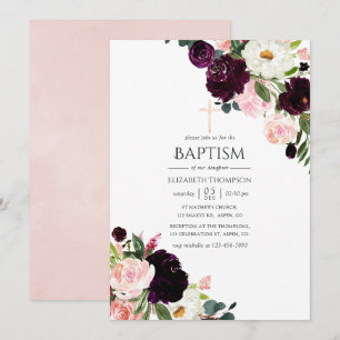 Burgundy Plum and Blush Pink Floral Baptism Invitation