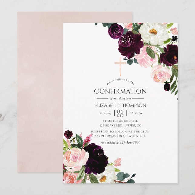 Burgundy Plum and Blush Pink Floral Confirmation Invitation (Front/Back)