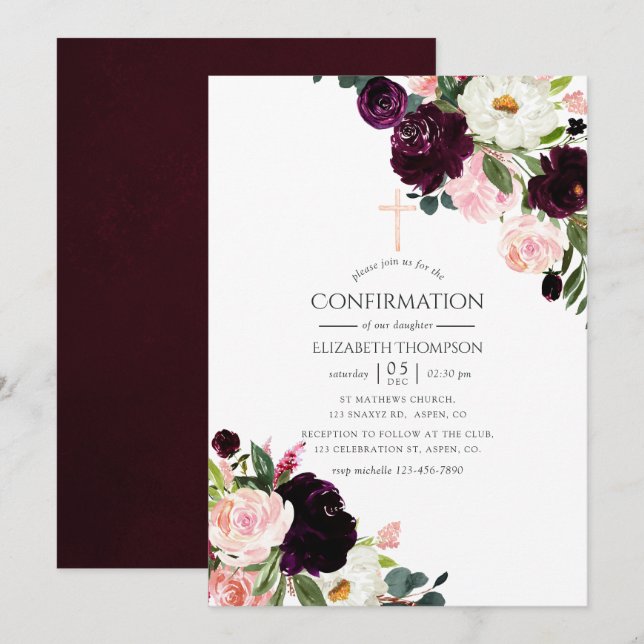 Burgundy Plum and Blush Pink Floral Confirmation Invitation (Front/Back)