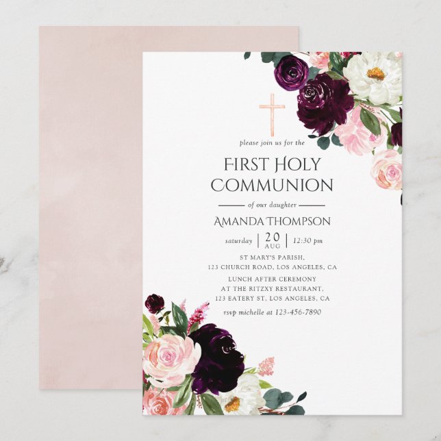 Burgundy Plum and Blush Pink Floral Holy Communion Invitation (Front/Back)