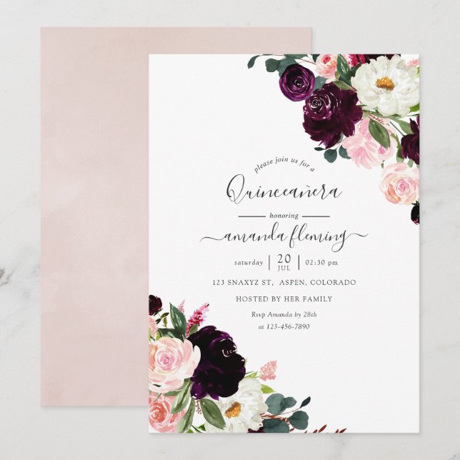Burgundy Plum and Blush Pink Floral Quinceañera Invitation (Front/Back)