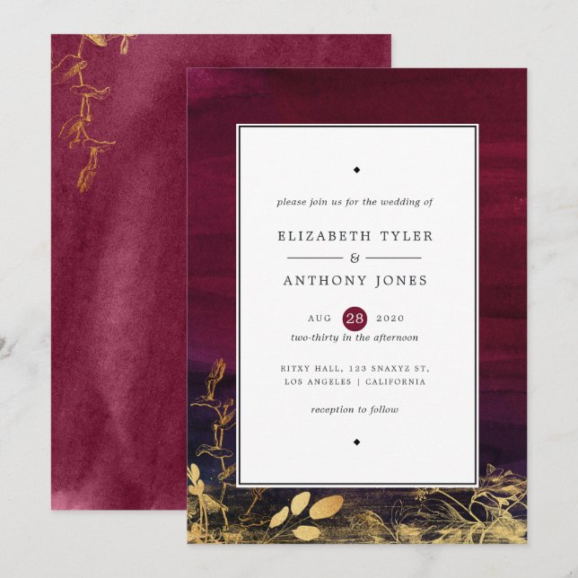 Burgundy Plum and Gold Watercolor Wedding Invitation (Front/Back)