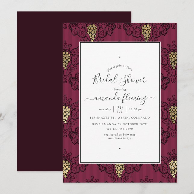 Burgundy Plum and Gold Wine Tasting Bridal Shower Invitation (Front/Back)
