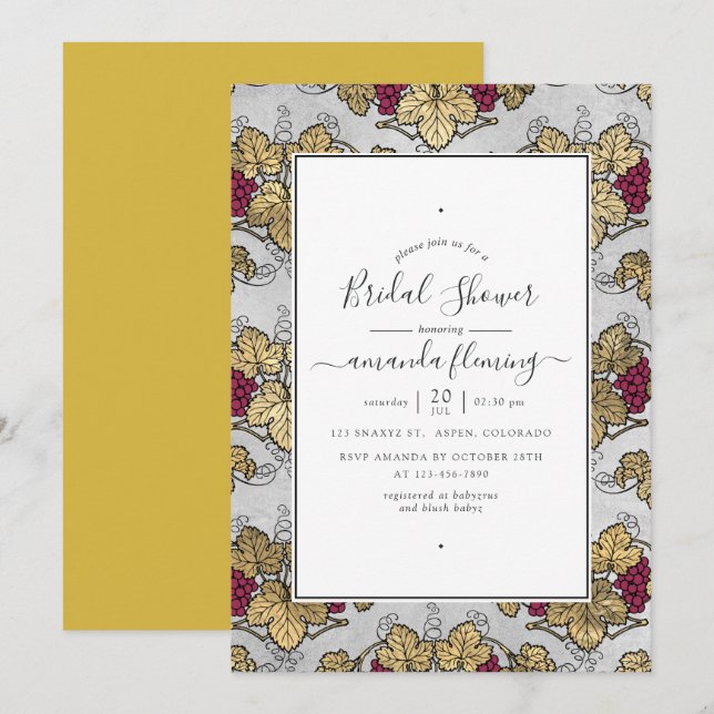 Burgundy Plum and Gold Wine Tasting Bridal Shower Invitation (Front/Back)