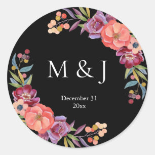 Burgundy & Plum Black Elegant Tropical Monogram V2 Classic Round Sticker