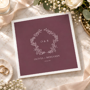 Burgundy Plum Botanical Wreath Monogram Wedding Napkin