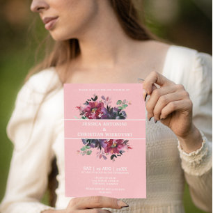 Burgundy Plum Floral Cocktail Pink Wedding Invitation
