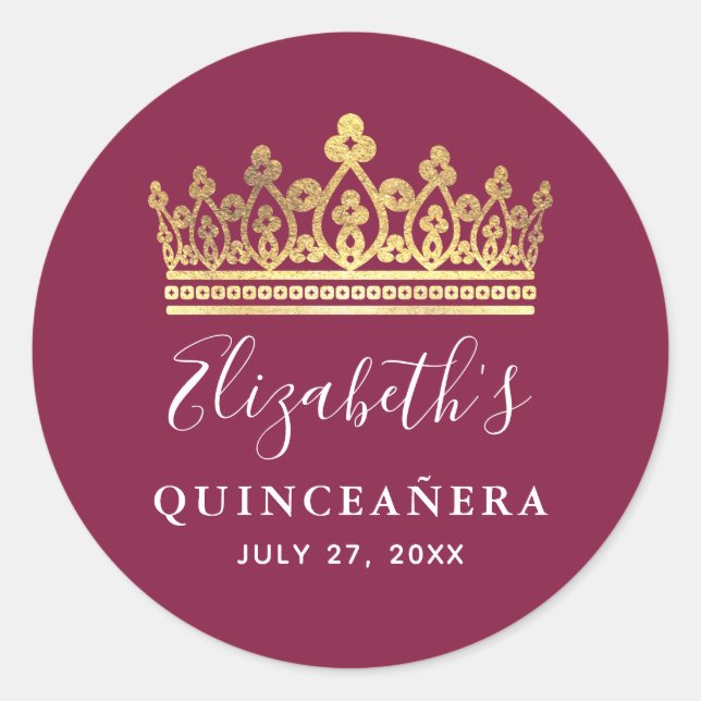 Burgundy Plum Gold Elegant Quinceanera Classic Round Sticker (Front)