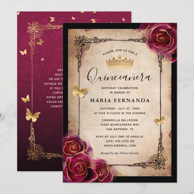 Burgundy Plum Gold Elegant Rose Quinceanera Invitation (Front/Back)
