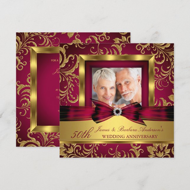 Burgundy Plum Gold Photo 50th Wedding Anniversary Invitation (Front/Back)