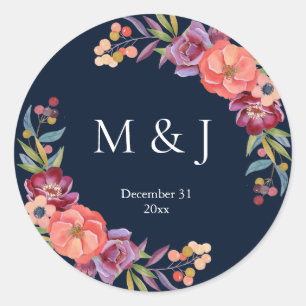 Burgundy & Plum Navy Elegant Tropical Monogram V2 Classic Round Sticker