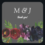 Burgundy Plum Navy Floral Grey Thank You Square Sticker<br><div class="desc">Thank your guests for the amazing,  fun wedding or party that happenened with your burgundy,  plum,  navy floral wedding monogram sticker.</div>