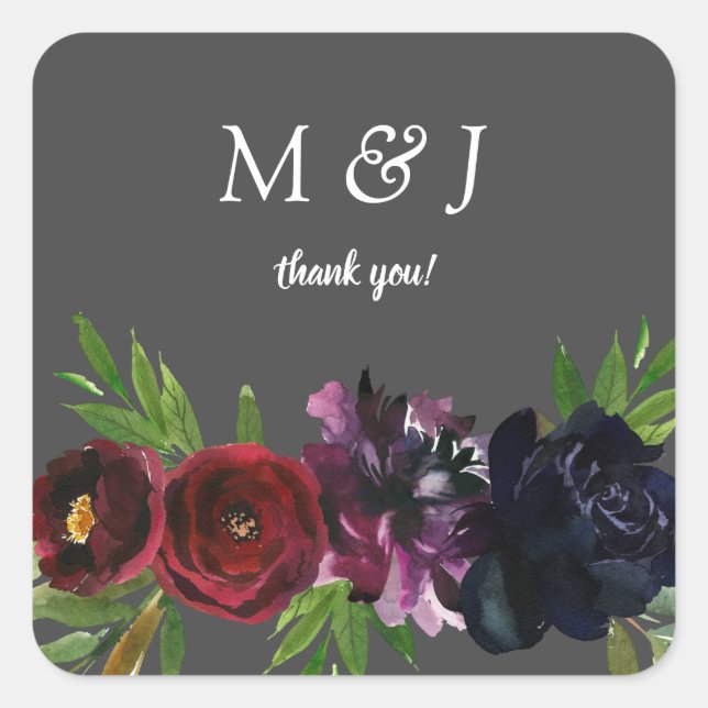 Burgundy Plum Navy Floral Grey Thank You Square Sticker (Front)