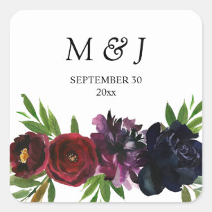 Burgundy Plum Navy Floral Monogram Square Sticker