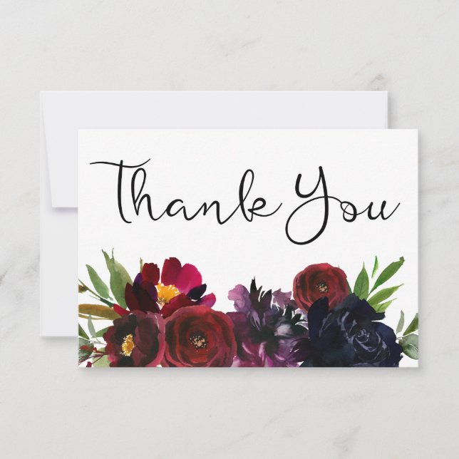 Burgundy Plum Navy Floral Thank You Card (Front)
