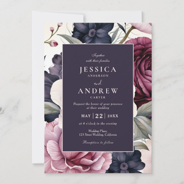 Burgundy Plum Purple Floral Watercolor Wedding Invitation (Front)