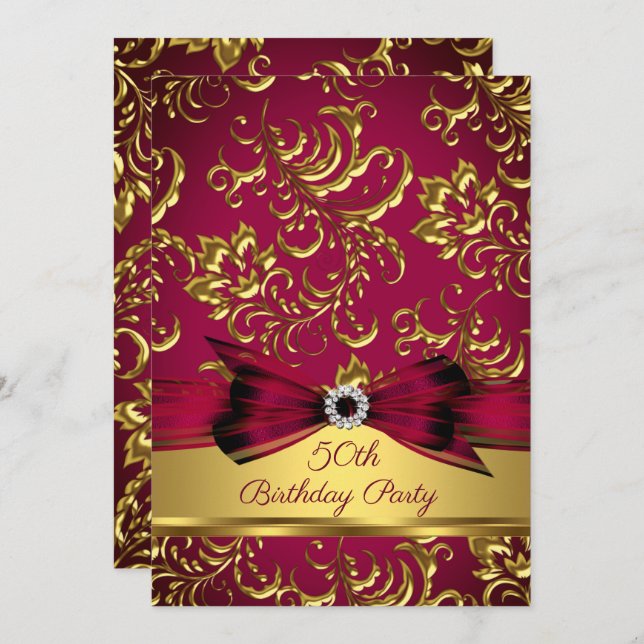 Burgundy Plum Red Gold Damask 50th birthday party Invitation (Front/Back)