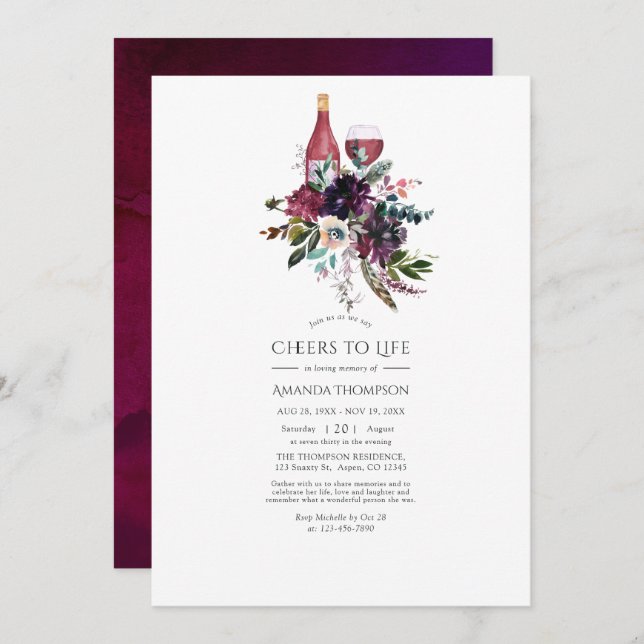 Burgundy Plum Red Wine Tasting Celebration of Life Invitation (Front/Back)