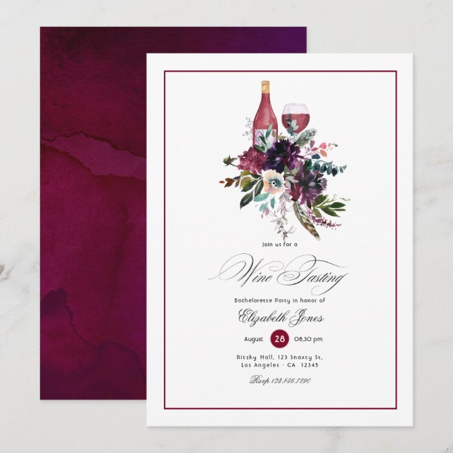 Burgundy Plum Red Wine themed Bachelorette Party Invitation (Front/Back)
