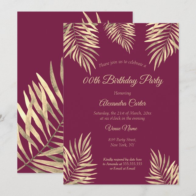 Burgundy Plum Sepia Gold Palms Birthday Party Invitation (Front/Back)