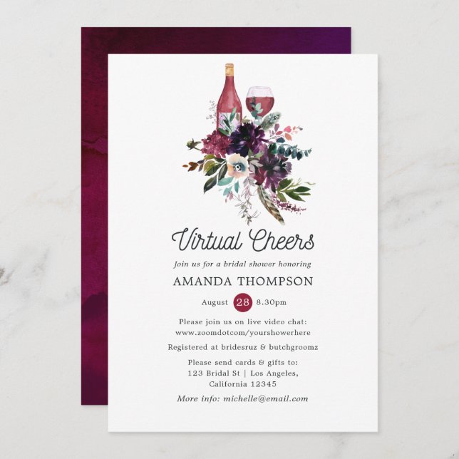 Burgundy Plum Virtual Wine Tasting Bridal Shower Invitation (Front/Back)