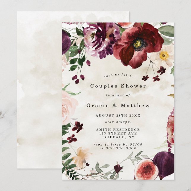 Burgundy Plum Wildflowers Couples Shower Invites (Front/Back)