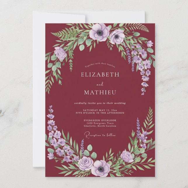 Burgundy Poetic Botanical Wedding Invitation (Front)