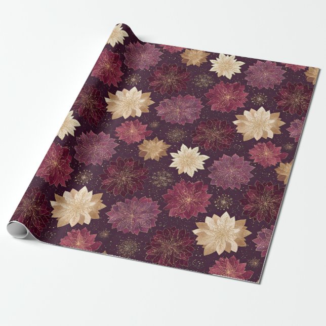Burgundy Poinsettia Christmas Pattern (3) Wrapping Paper (Unrolled)
