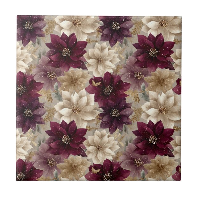 Burgundy Poinsettia Christmas Pattern (5) Tile (Front)
