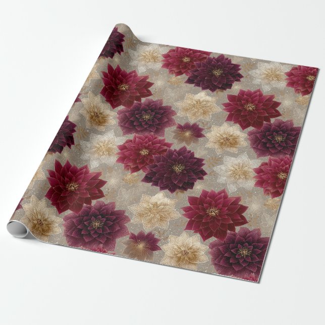 Burgundy Poinsettia Christmas Pattern (7) Wrapping Paper (Unrolled)