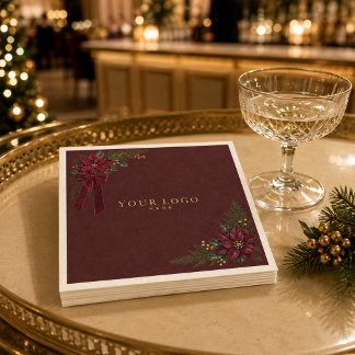 Burgundy Poinsettia Corporate Logo Paper Napkin