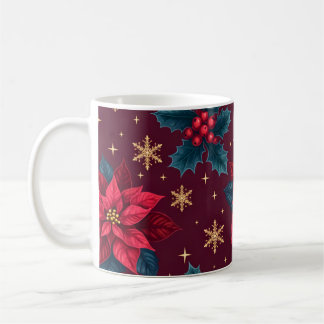 Burgundy Poinsettia & Gold Snowflake  Coffee Mug