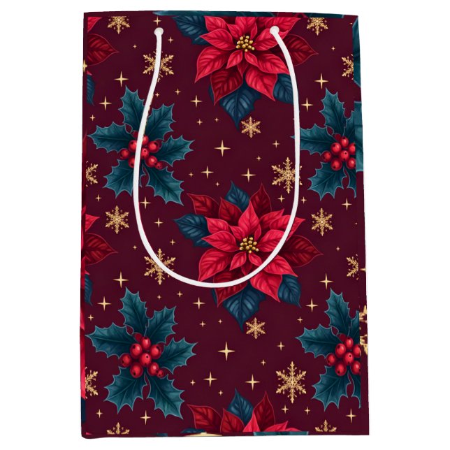 Burgundy Poinsettia & Gold Snowflake Dark Feminine Medium Gift Bag (Front)