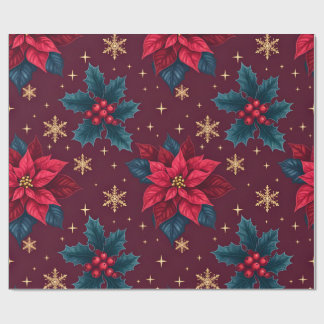 Burgundy Poinsettia & Gold Snowflake Dark Feminine Wrapping Paper