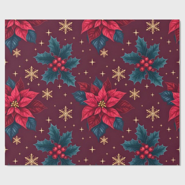 Burgundy Poinsettia & Gold Snowflake Dark Feminine Wrapping Paper (Flat)