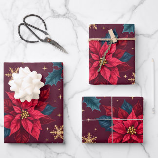 Burgundy Poinsettia & Gold Snowflake Dark Feminine Wrapping Paper Sheet