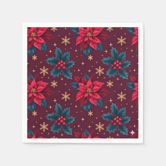 Burgundy Poinsettia & Gold Snowflake  Napkin
