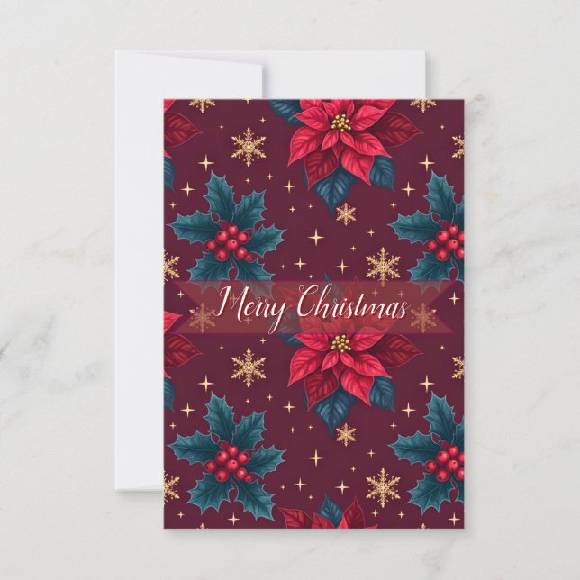 Burgundy Poinsettia & Gold Snowflake  Thank You Card (Front)