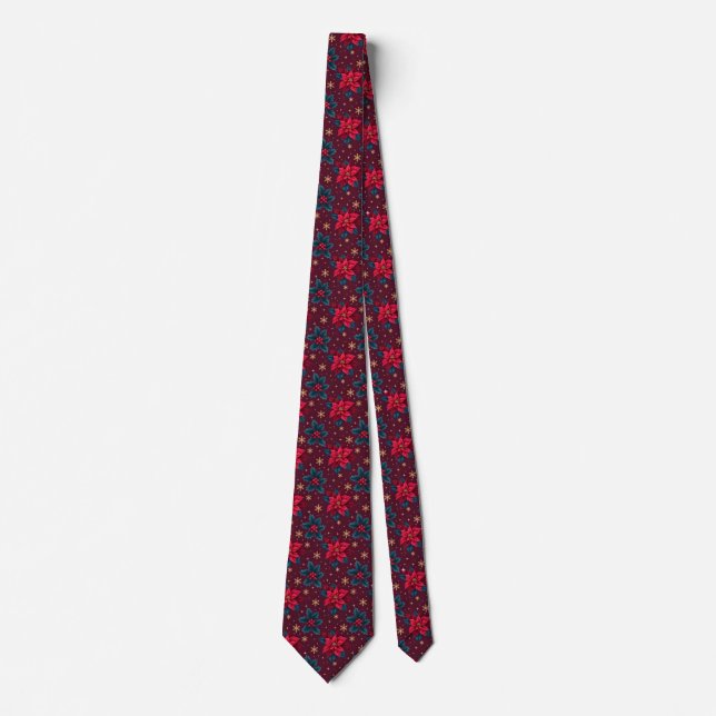 Burgundy Poinsettia & Gold Snowflake  Tie (Front)