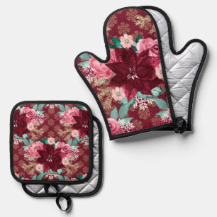Burgundy Poinsettia Pink Roses Oven Mitt & Pot Holder Set