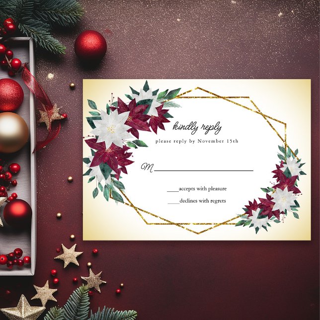 Burgundy Poinsettias Gold Frame Christmas Wedding RSVP Card (Creator Uploaded)