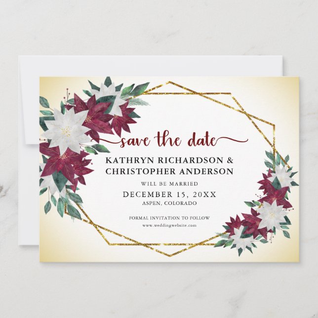 Burgundy Poinsettias Gold Glitter Christmas Save The Date (Front)