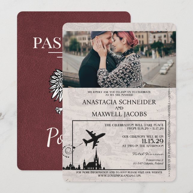 Burgundy Poland Passport Wedding Invitation (Front/Back)